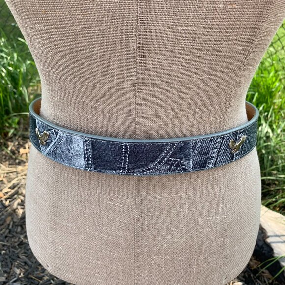 Vintage Y2K Denim Embossed Leather Silver Eagles Belt New - Picture 6 of 14